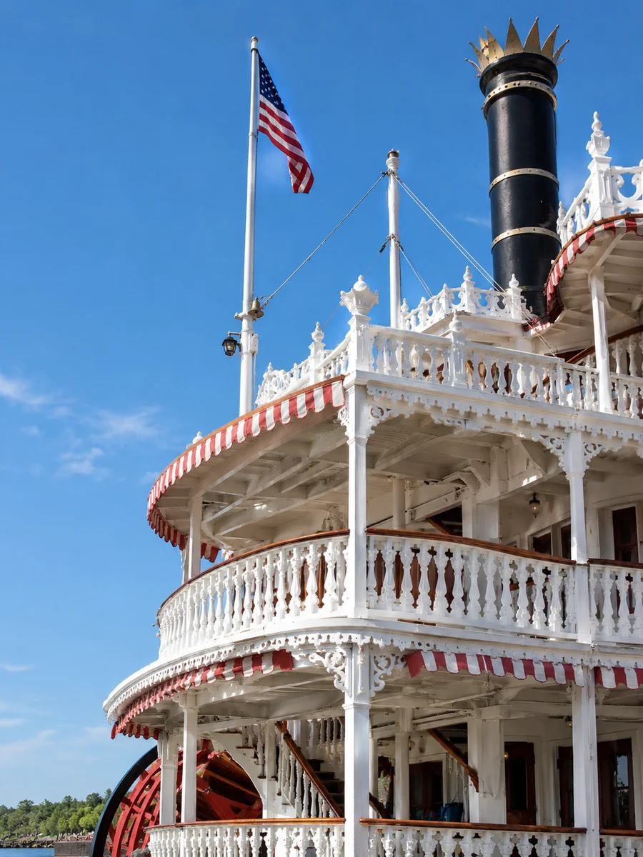 Weiße verschnörkelte Geländer, gestreifte Markisen und ein schwarzer Schornstein auf einem viktorianischen Showboat unter blauem Himmel