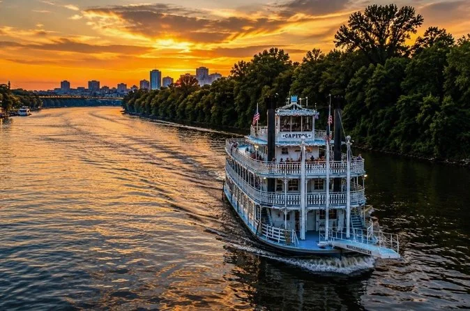 Un battello fluviale a ruota a pale sul fiume Cumberland al tramonto
