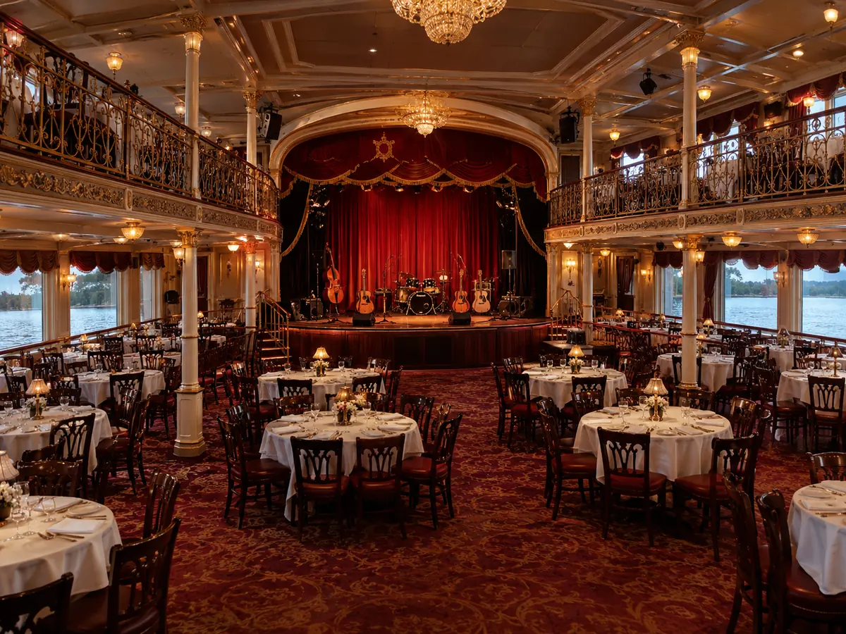 La sala da pranzo del teatro vittoriano con tavoli rotondi, balconate e un palco pronto per una band